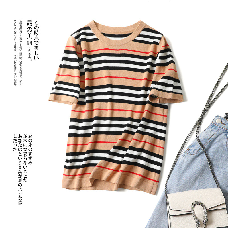 Cotton T shirt Women's Round Neck Summer Short Sleeve Loose Knit Thin Striped Contrast Color Base Shirt Top Camel - Shop at LoveMi