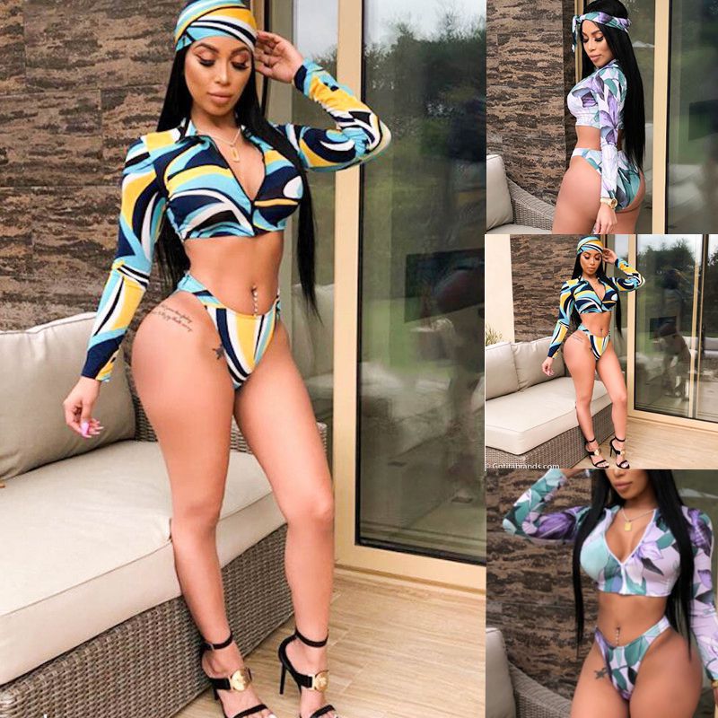 Fashion Long Sleeve Zipper Split Print Fashion Ladies Swimsuit