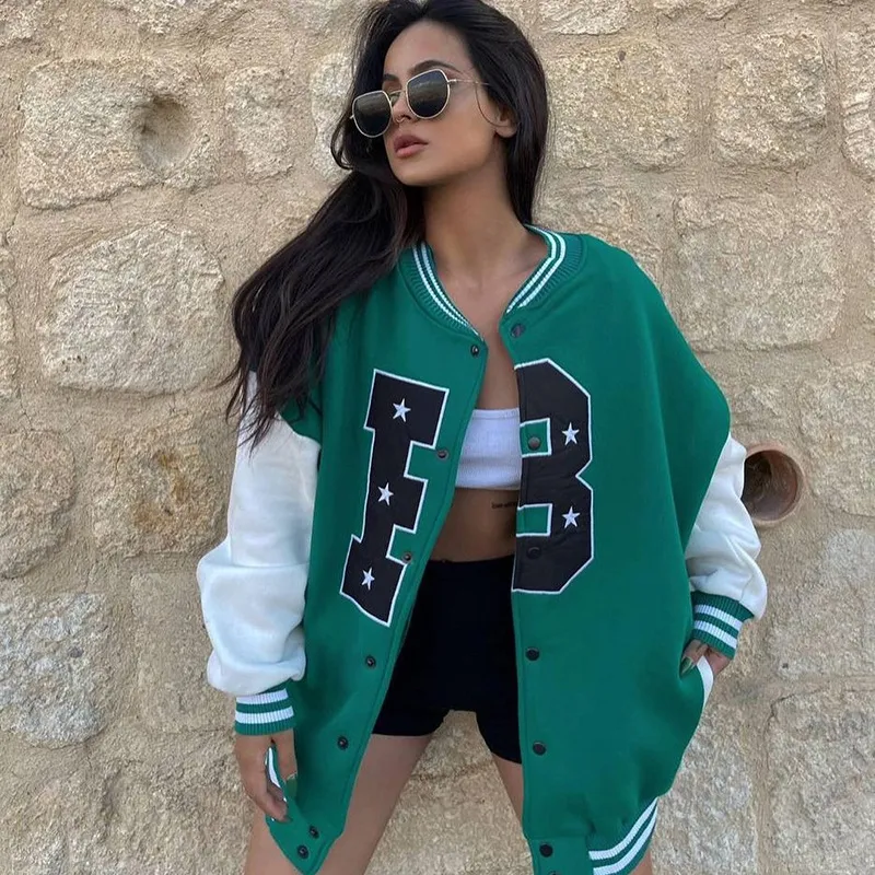 Women's Autumn New Style Embroidered Long Sleeved Cardigan Baseball Jacket - Green