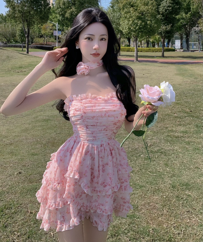 Women's Summer French Chiffon Floral Tube Top Dress