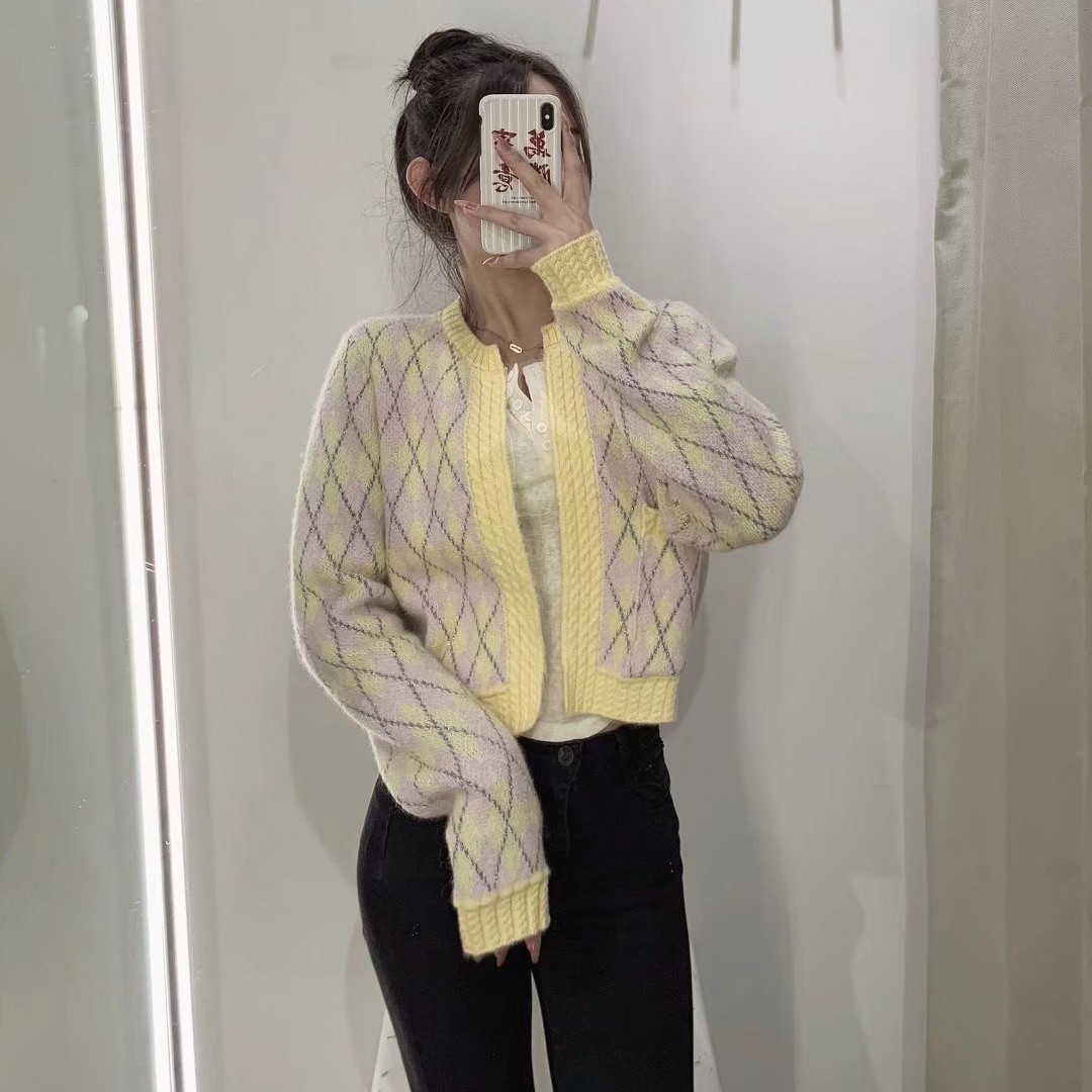 New Fashion Casual Line Argyle Knit Jacket