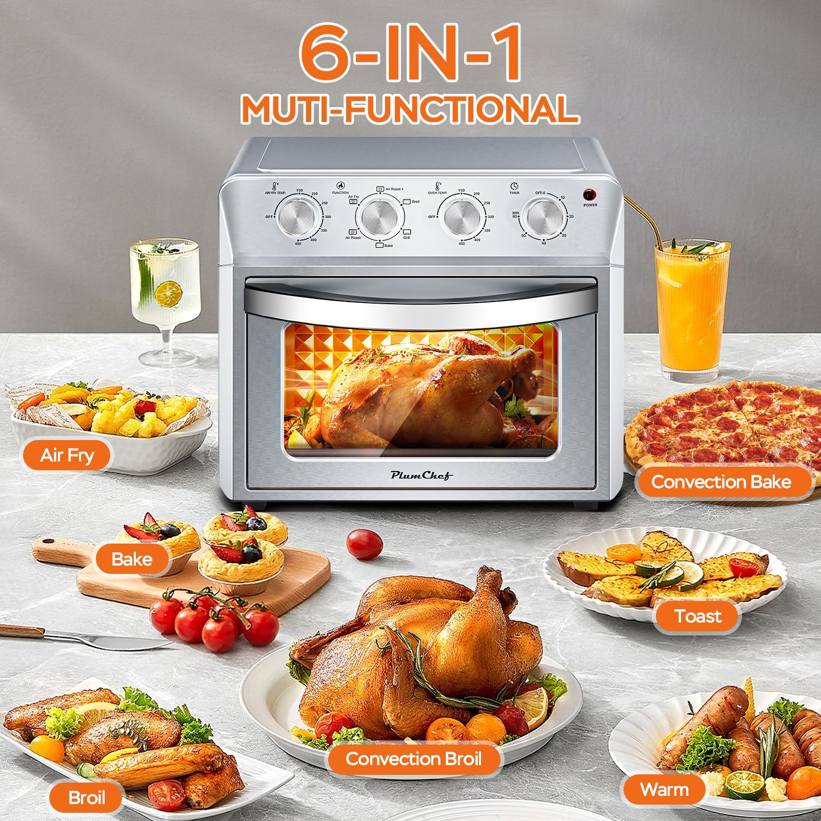 27.5QT 6-in-1 Air Fryer Toaster Oven, 6-Slice, Countertop Convection Oven, Air Frying, Baking, Roasting, Broiling & Grilling, 1600W, Sliver, Amazon Resale Prohibited — foto 10