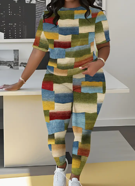 Women's  Printed Round Neck T-Shirt And Leggings Set