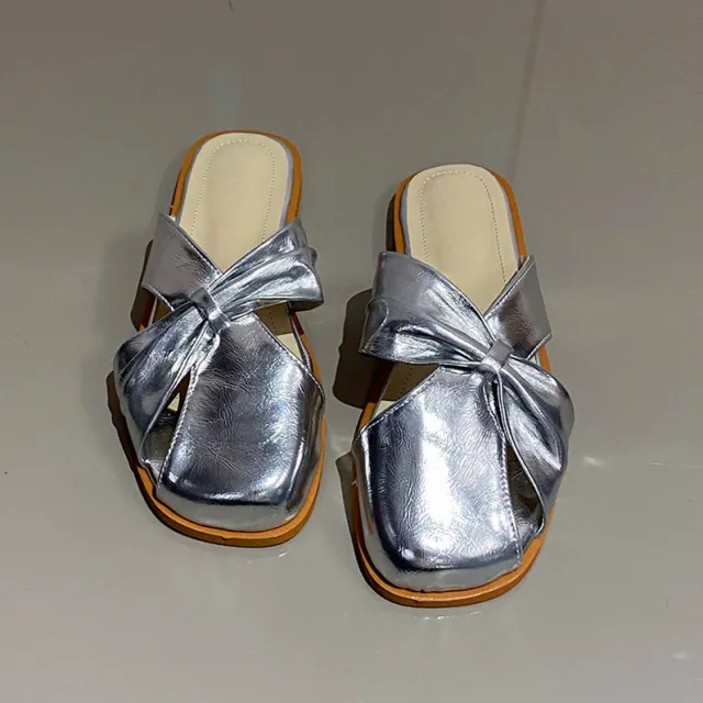 Fashion Square toe Closed toe Slippers For Women Summer Comfortable Flat Sandals Lazy One step Half slip Shoes Silver - Shop at LoveMi