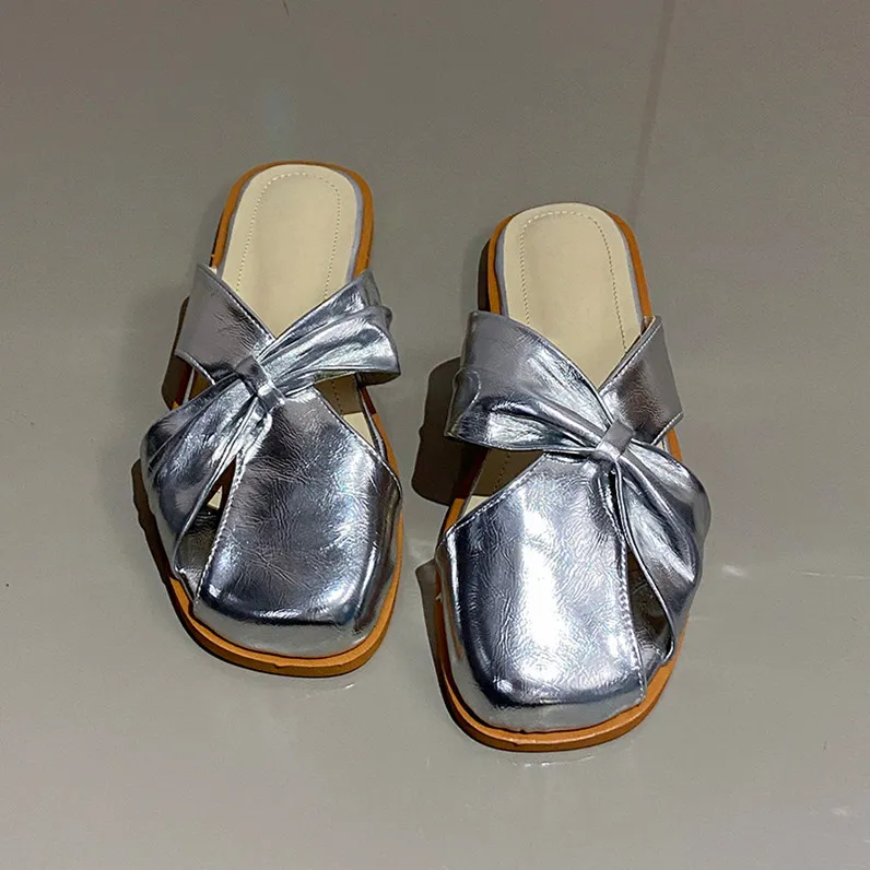 Fashion Square-toe Closed-toe Slippers For Women Summer Comfortable Flat Sandals Lazy One-step Half-slip Shoes - Silver