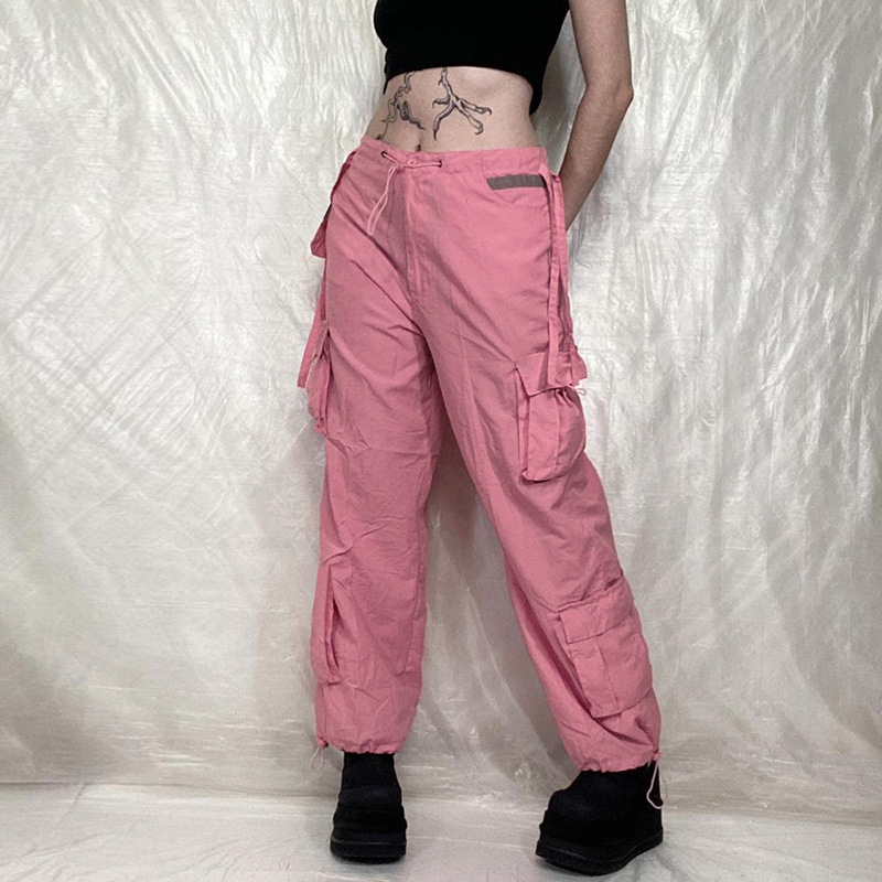 Ladies Button Down Drawstring Multi-pocket Woven Lounge Pants