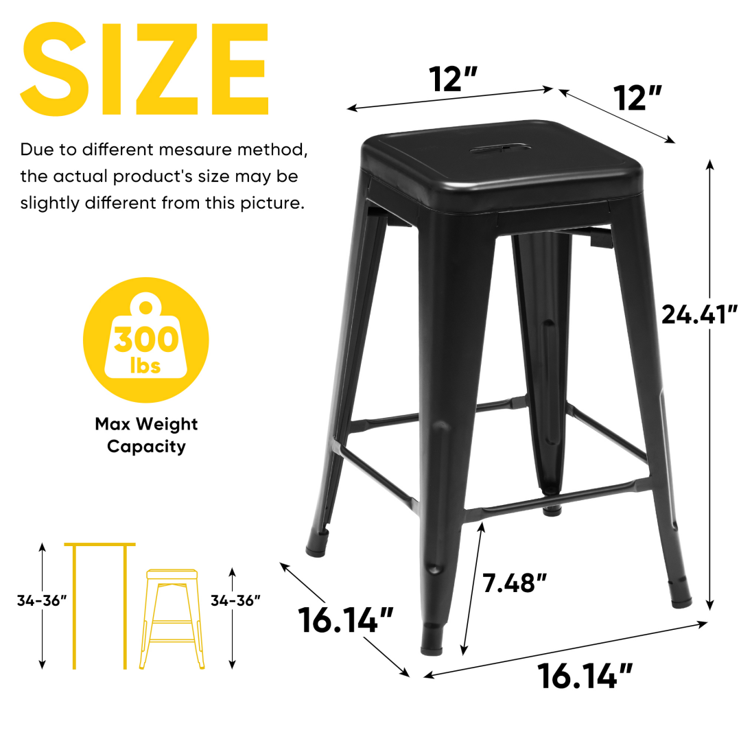 24 Inches Metal Bar Stools Set Of 4, Backless Counter Height Bar Stools For Kitchen, Outdoor Stackable Stools --No Assembly Required