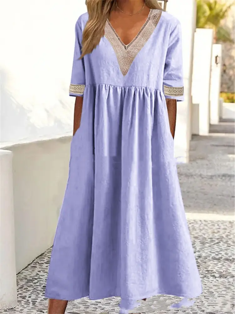 Women's Solid Color Short Sleeve Lace V-neck Waist-controlled Large Hem Dress