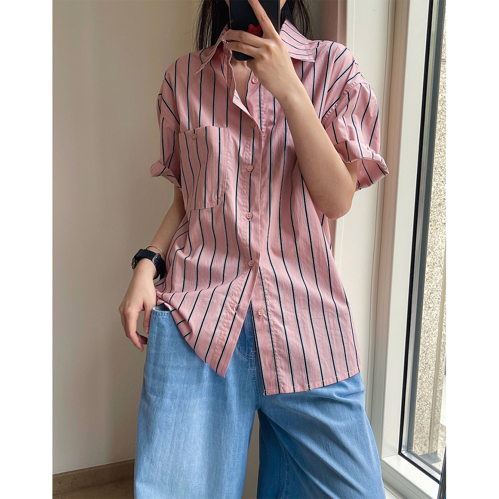 New Literary Retro Lapel Striped Short sleeved Shirt Loose And Thin Pink Stripes - Shop at LoveMi