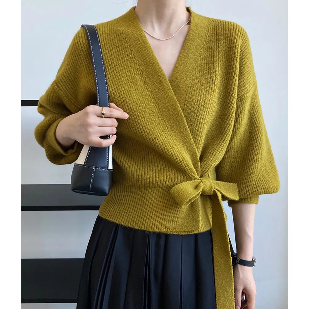 French Retro Knitted Cardigan Top V-neck Tie Loose Womens