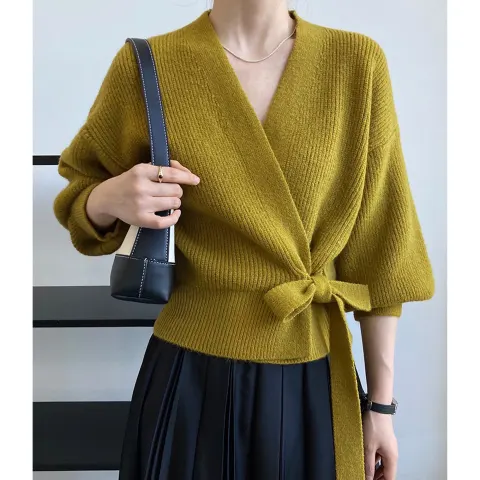 French Retro Knitted Cardigan Top V-neck Tie Loose Womens