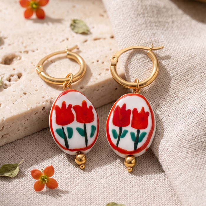 Cottagecore Tulip Ceramic Drop Earrings - 18K Gold Plated Stainless Steel Hoop Earrings - Handpainted Style Flower Charm Jewelry Gift For Women