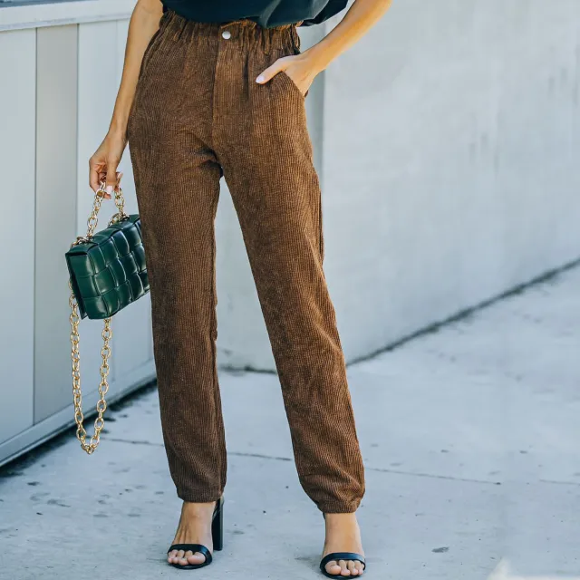 Women's Solid Color Corduroy Casual Pants Brown - Shop at LoveMi