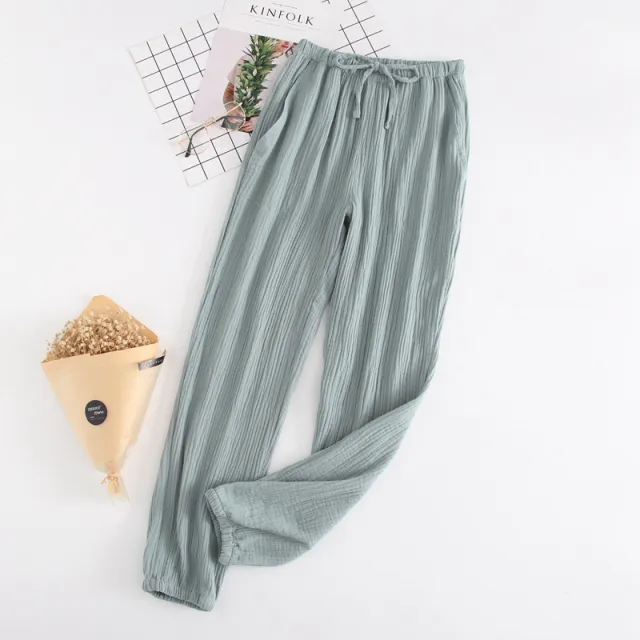 Summer Cotton Loose Home Trousers Crepe Pajama Pants Green - Shop at LoveMi