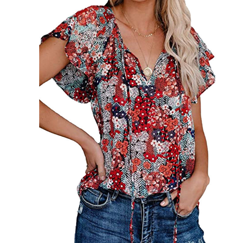 Women's Casual Short-sleeved Loose Print V-neck Shirt Top