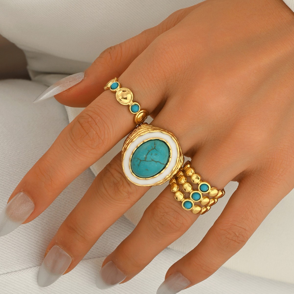 Cross-border European American Vintage Women Ring, Geometric Multi-Layer Design Inlaid Synthetic Turquoise, Adjustable Open Band Versatile Wrist Jewel