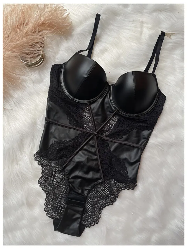 Women's Simple Leather Sexy Lace Bodysuit Black - Shop at LoveMi