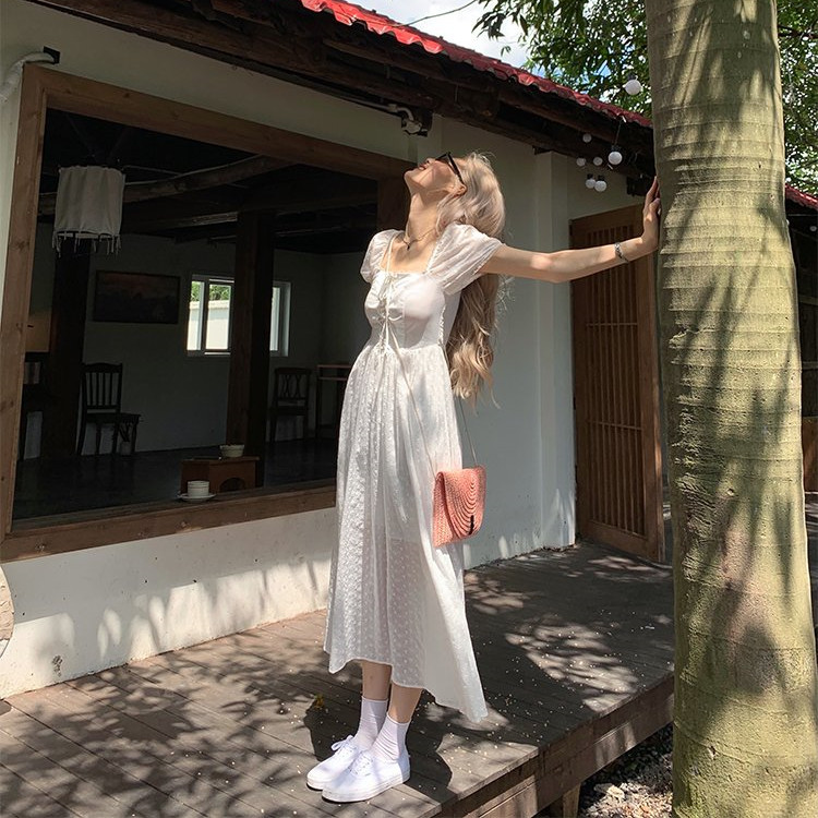 Women's Fashion Pure White Square Neck Embroidered Jacquard Dress — image 1