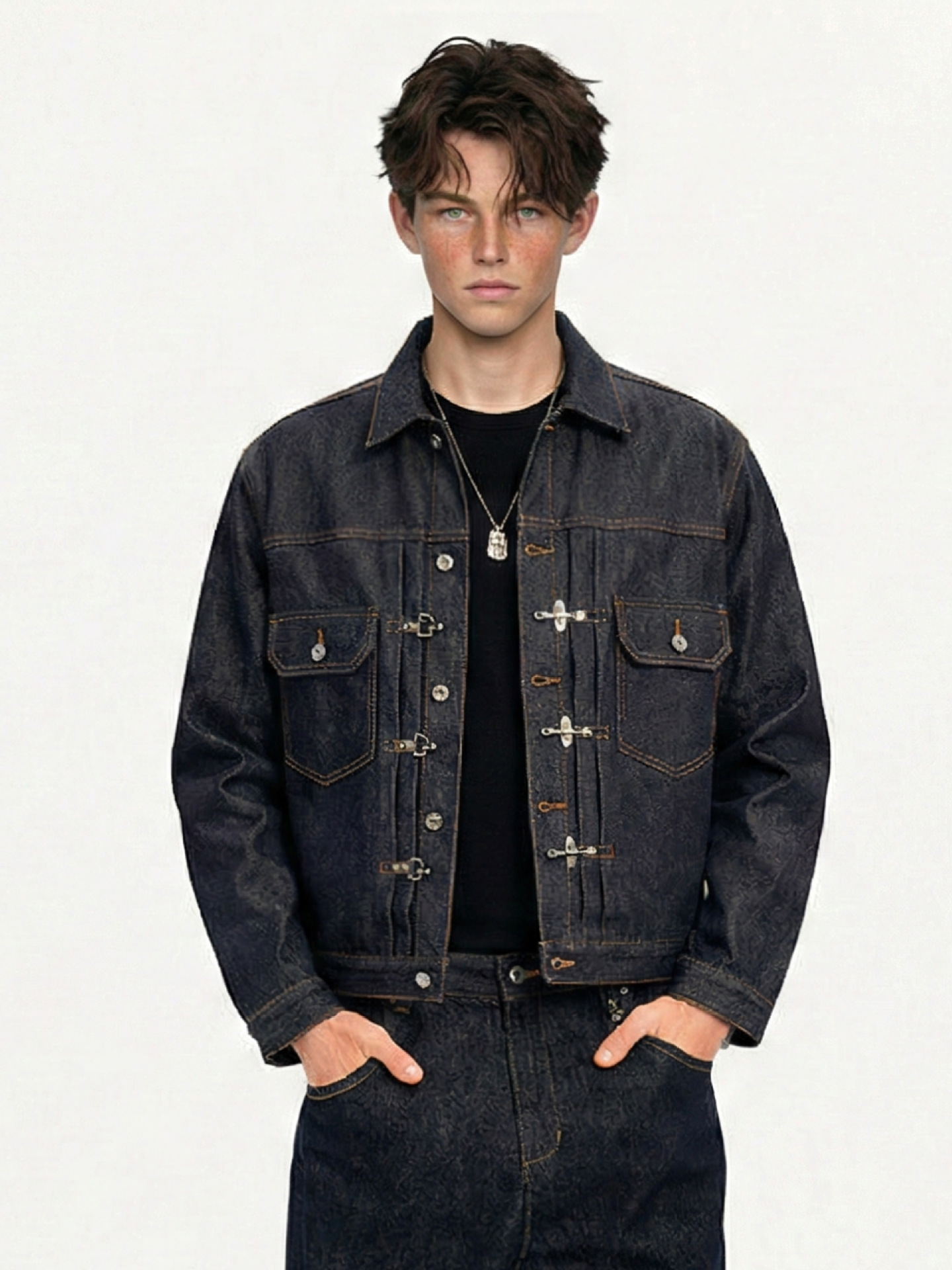 Dark Indigo Metal Hook Closure Utility Denim Jacket