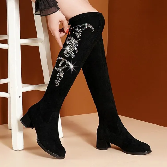 Autumn And Winter Round Toe Rhinestone High Heel Boots Black - Shop at LoveMi