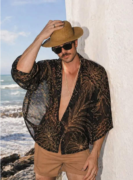 Midnight Botanical Outline Print Sheer Oversized Shirt