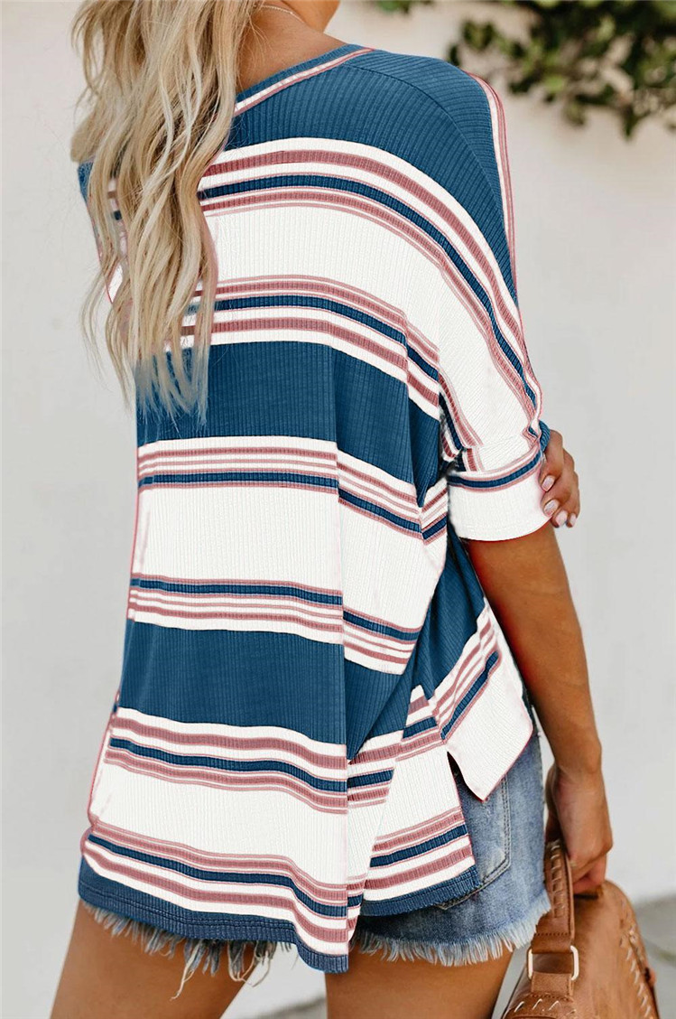 Women's Fashion Contrast Color Striped Top T-Shirt Irregular Loose