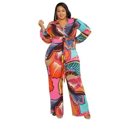 Women's Fashion Deep V-neck Loose Fitting Jumpsuit With Belt - Rose Red - View 1