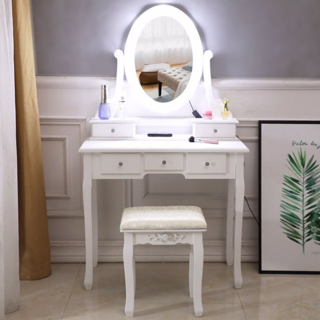 With Light Bulb Single Mirror 5 Drawer Dressing Table White 3