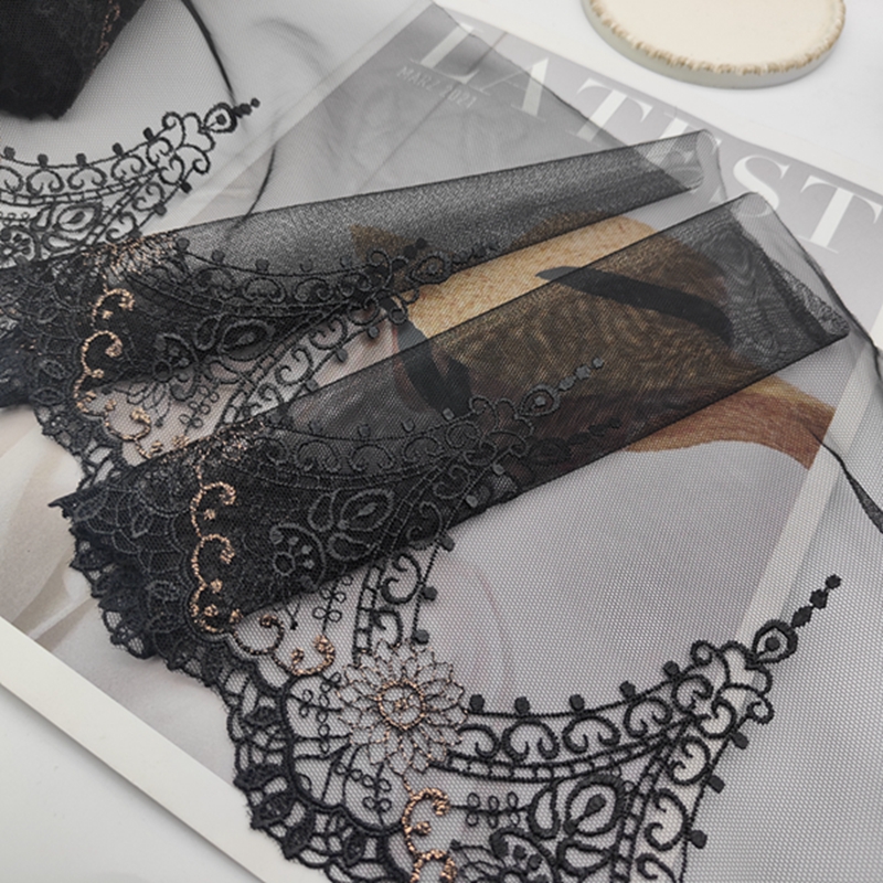 Title 2, Black Mesh Embroidery Gold Thread Lace Clothing...