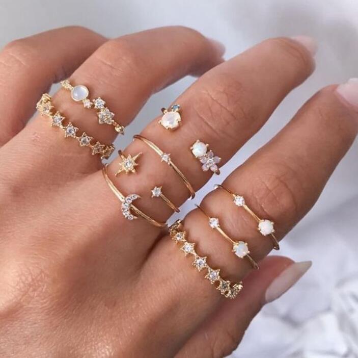 Star And Crescent Diamond Ring Simple Butterfly Flower Opal Joint 9-piece Ring