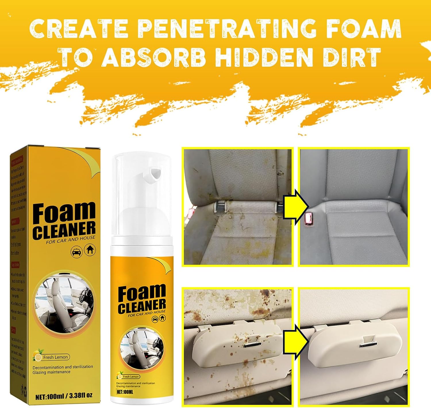 2Pcs Multipurpose Foam Cleaner Spray 100ml, Foam Cleaner For Car And House Lemon Flavor, All-Purpose Household Cleaners For Car And Kitchen 4