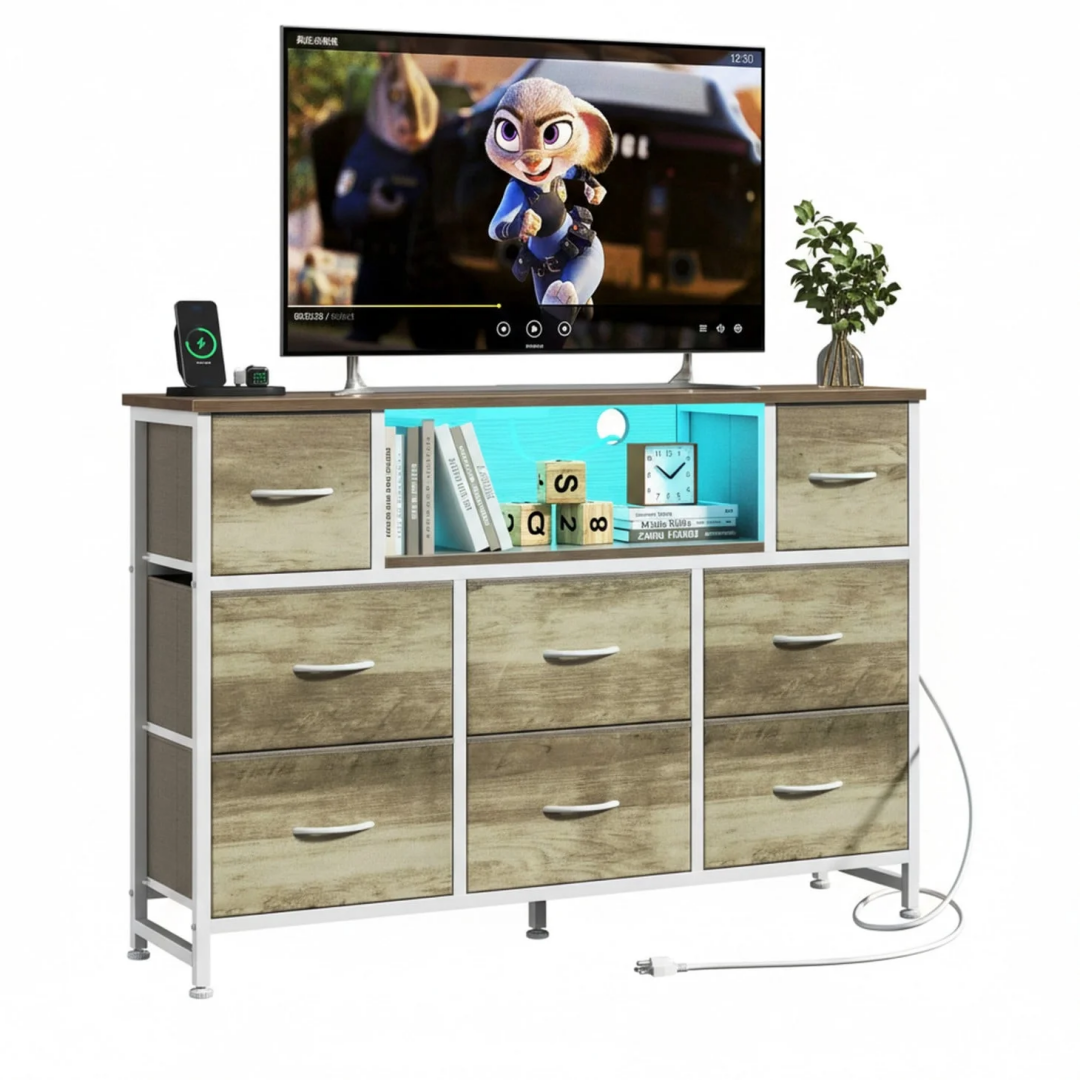 A Storage Cabinet With 8 Fabric Drawers And An Electrical Socket, And An LED TV Cabinet With USB And Type-C Interfaces