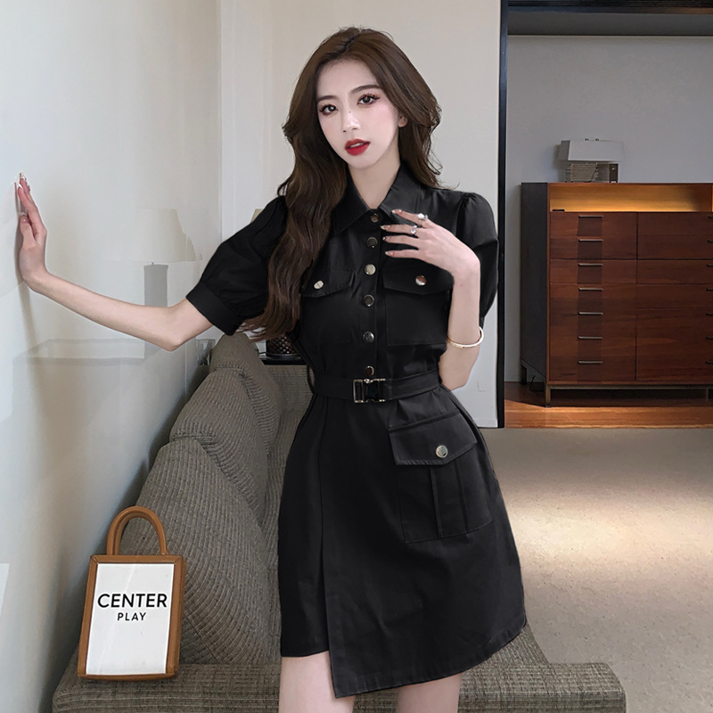 Handsome Tooling POLO Collar Big Pocket High Waist Irregular Puff Sleeve Dress