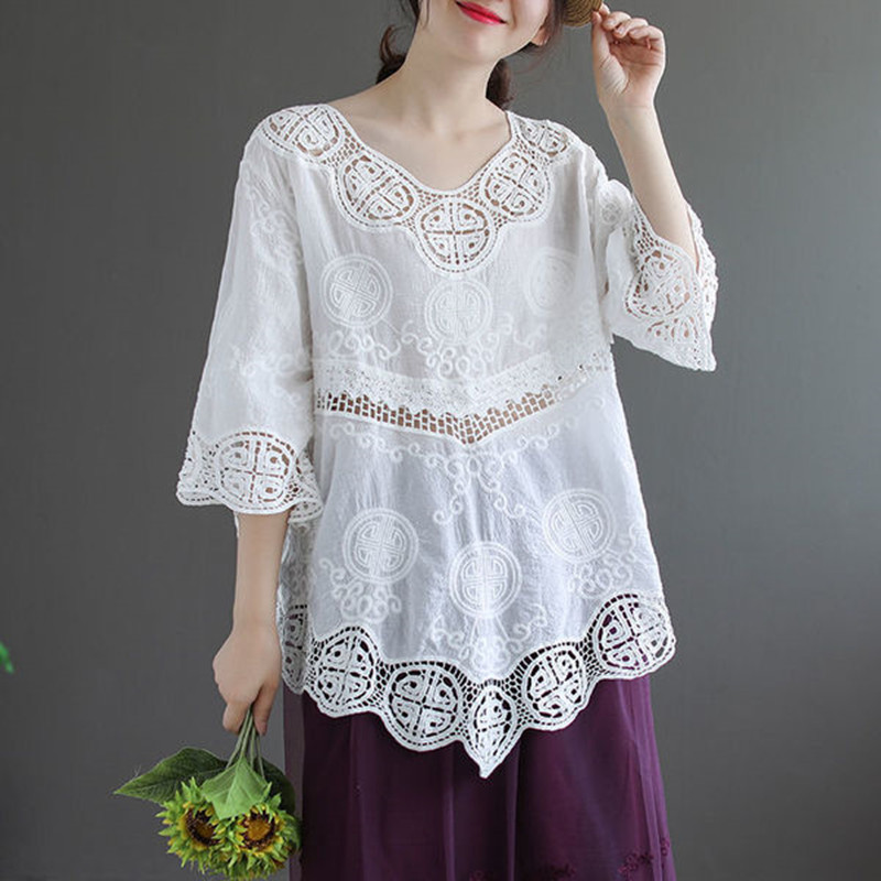 Title 5, Summer Cotton New Artistic Retro Hollow-out Thr...