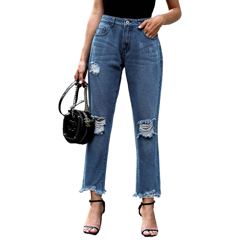Fashion Sexy Ripped Raw Edge High Waist Ladies Cropped Jeans B L - Shop at LoveMi