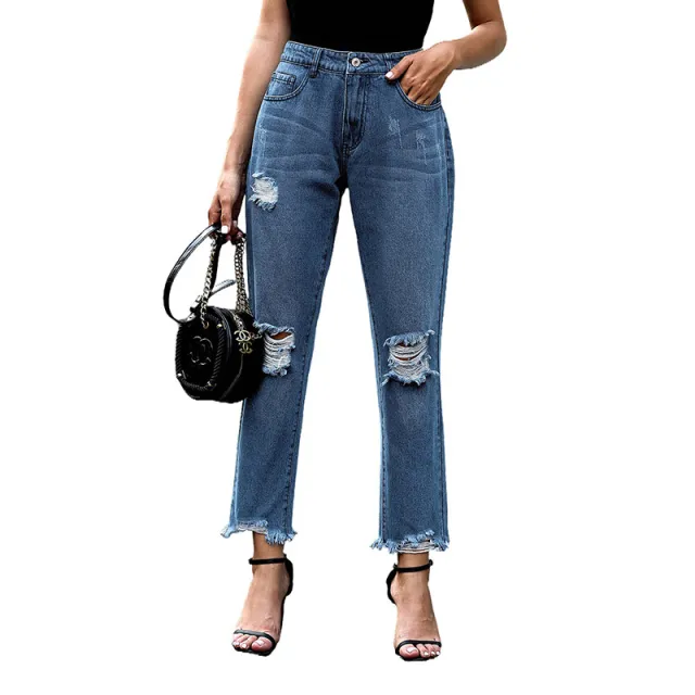 Fashion Sexy Ripped Raw Edge High Waist Ladies Cropped Jeans B - Shop at LoveMi