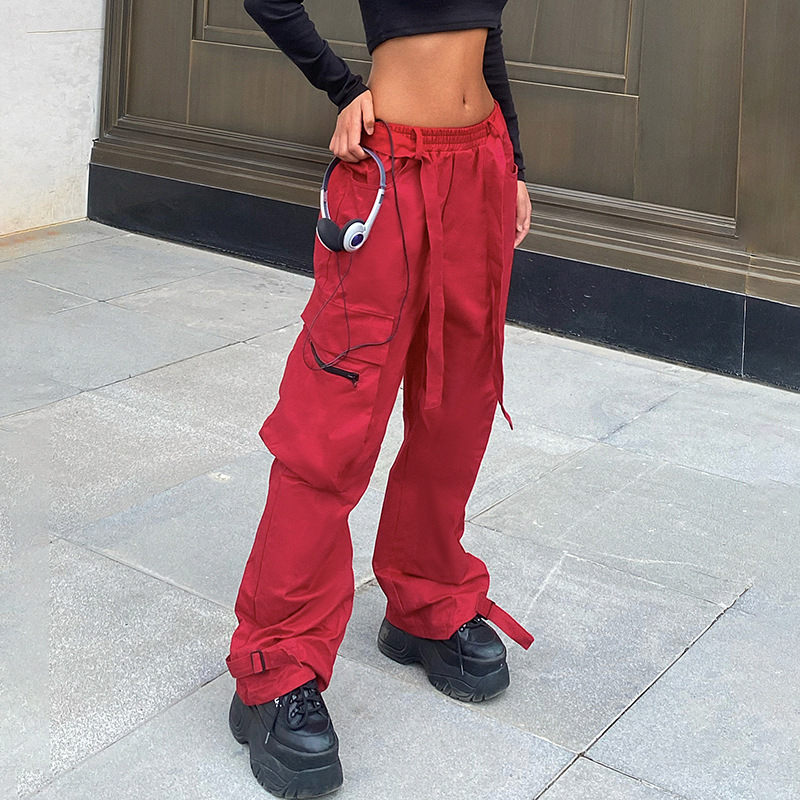 Title 4, Hip Hop Wide Belted Red Cargo Pants für Herren....