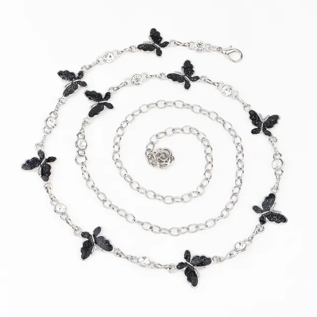 Waist Chain Female Korean Version Butterfly Drop Glue Diamond Personality Chain Hollow Rose Pendant Collocation Dress All Match Black - Shop at LoveMi