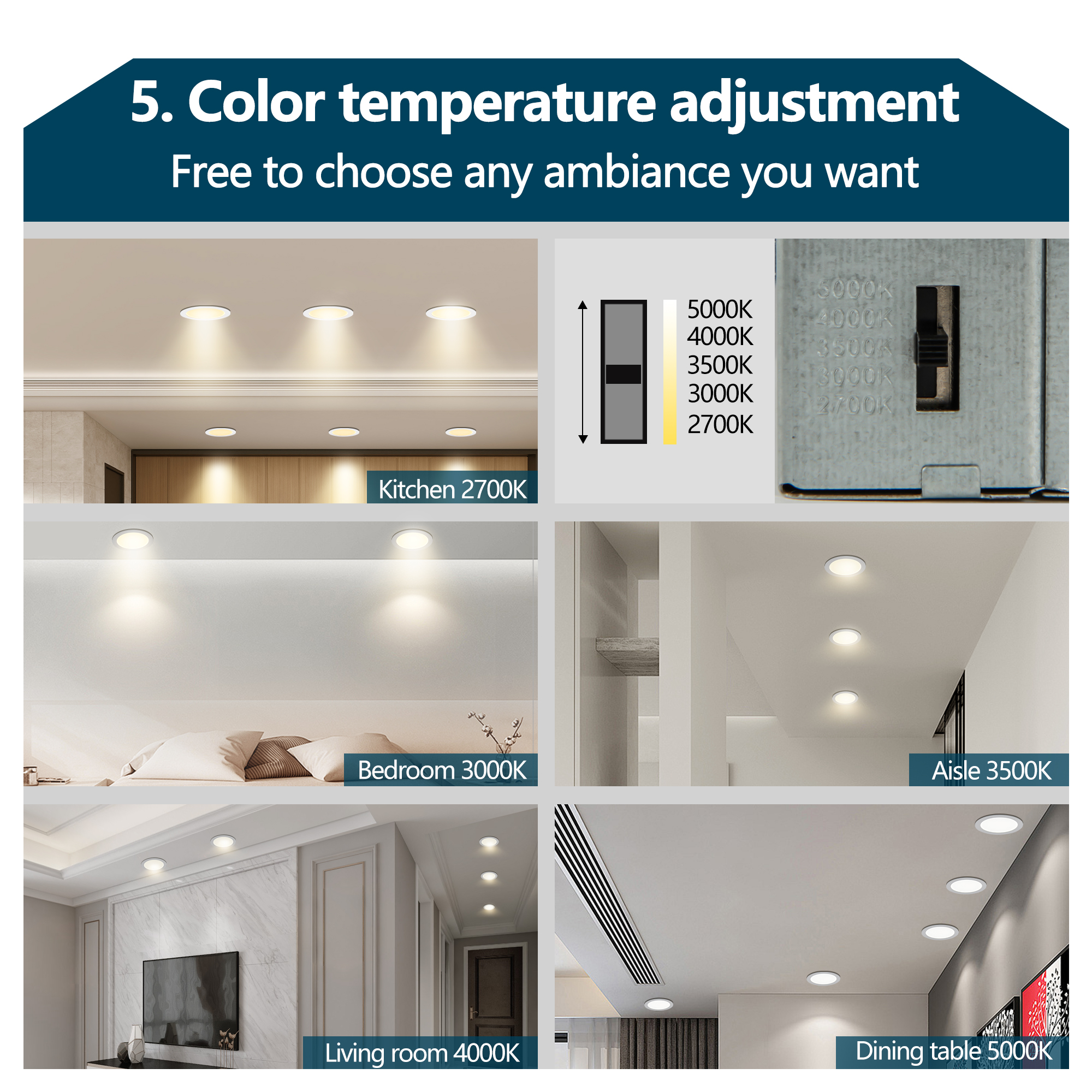 6 Inch LED Recessed Ceiling Lights, 12-Pack Ultra-Thin With Junction Box, 5 Color Temperature Options 2700K-5000K, 12W 1080LM Dimmable Canless Downlight, ETL Listed For Home And Commercial Use