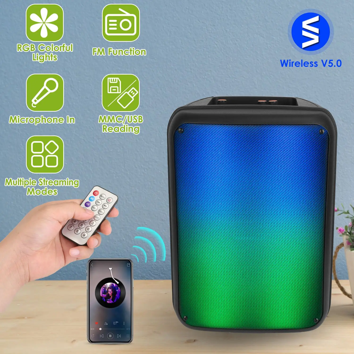 Portable Wireless Party Speaker 8in Colorful Lights