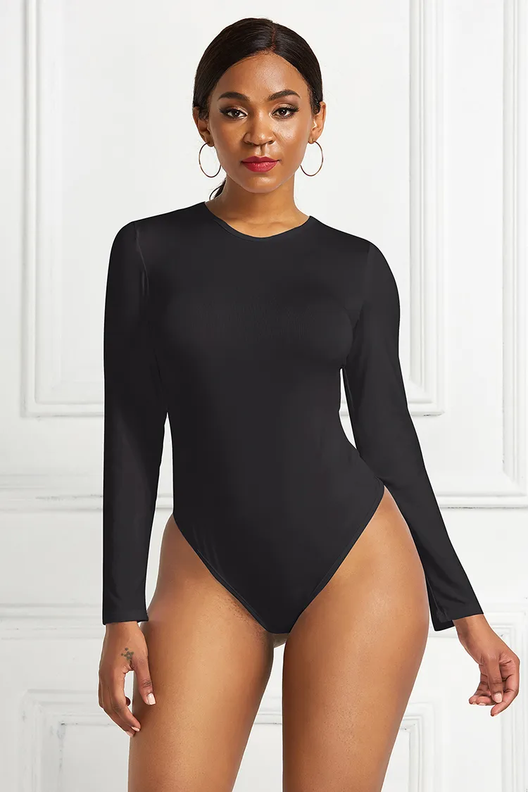 Bodysuit Women's Solid Color Long-sleeved Round Neck Bottoming Shirt Top - Black