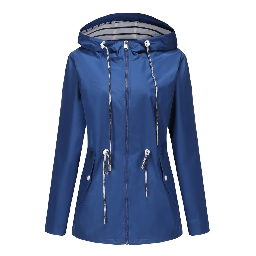 Long Sleeved Splashproof Mid Length Windbreaker For Women's Hooded Raincoat - Colorful Blue