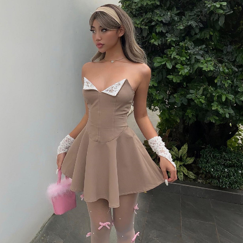 Lace Panel Ruffle Edge Slim Fit Bra Dress