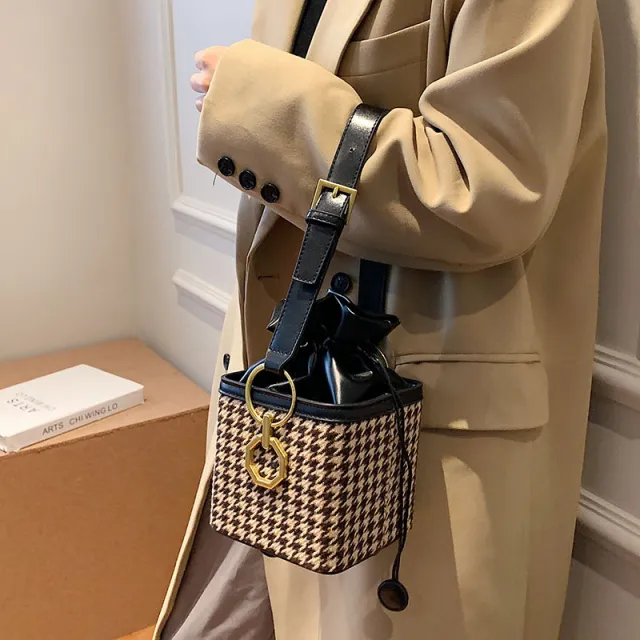 Houndstooth Western Style One Shoulder Small Bag Fashion Black - Shop at LoveMi
