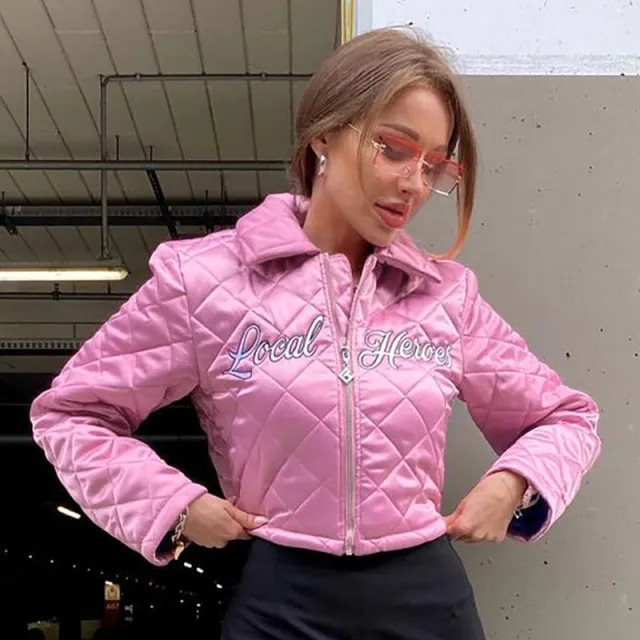 Solid Color Letter Embroidered Casual Jacket Pink - Shop at LoveMi