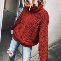 Women's Cable Knit Turtleneck Sweater, Classic Long Sleeve Winter Knitwear For Casual And Formal Wear - Red - View 1