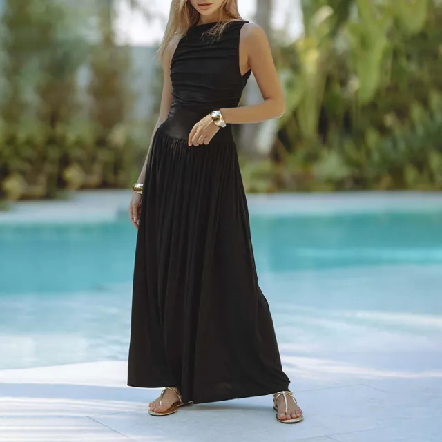 Womens Sleeveless Maxi Long Dress Summer Crew Neck Ruched Pleated Flowy Dress Black - Shop at LoveMi