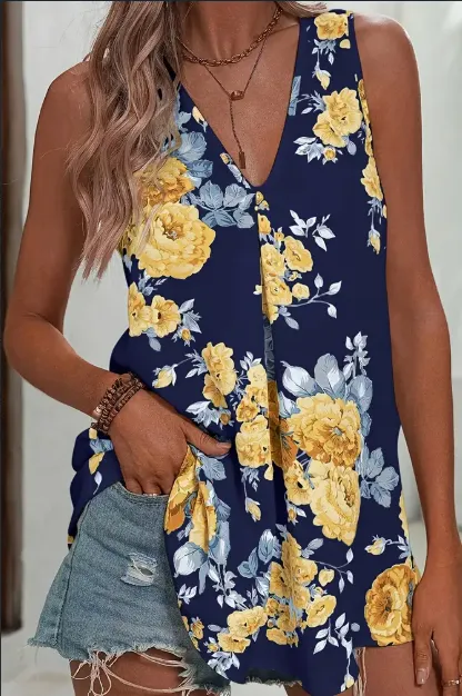 Floral Print V Neck Tank Top, Elegant Sleeveless Top For Spring & Summer, Women's Clothing Navy Blue - Shop at LoveMi