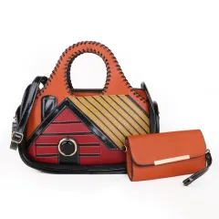Women's Patchwork House Pattern Handbag One Shoulder Crossbody Briefcase - Orange - View 1