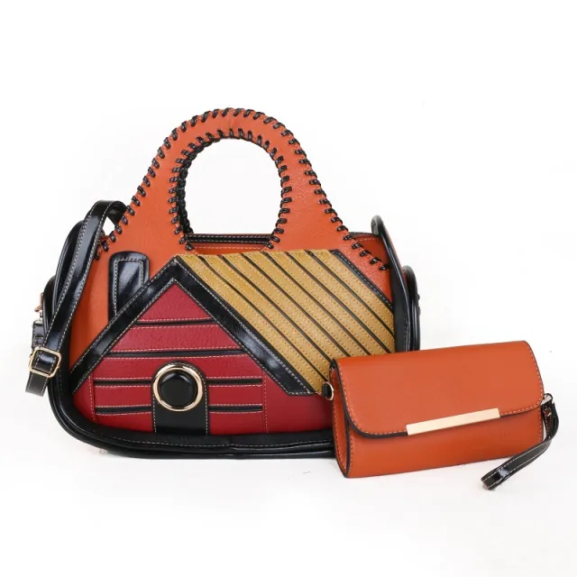 Women's Patchwork House Pattern Handbag One Shoulder Crossbody Briefcase Orange - Shop at LoveMi